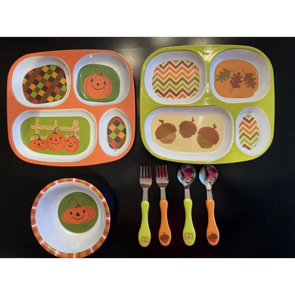 Kids Fall Thanksgiving Divided Plates Bowl Forks Melamine Halloween Pumpkin